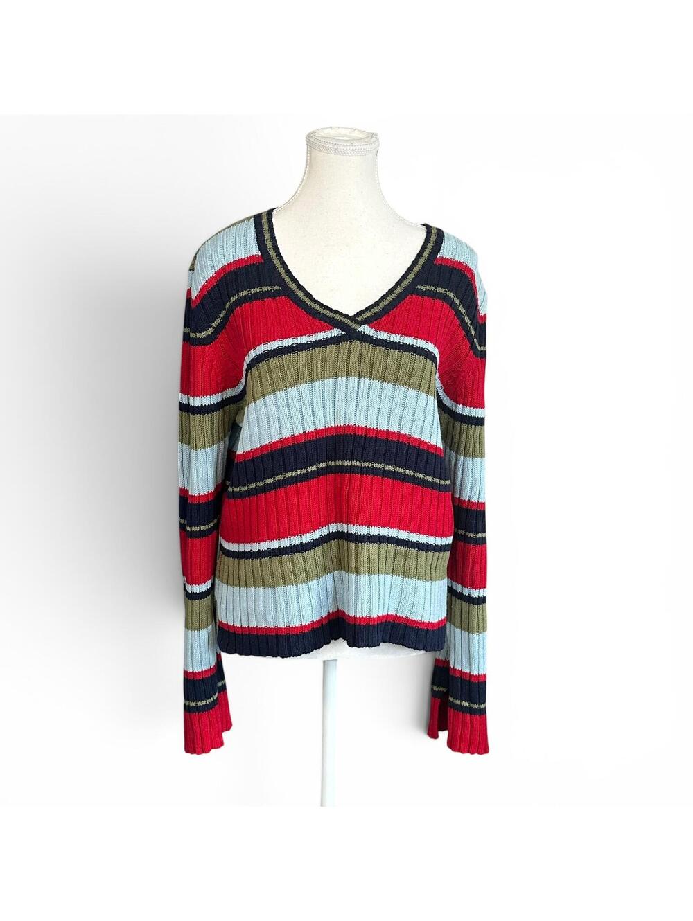 Y2K Ribbed Striped Sweater Red Navy Blue V Neck Oversized Knit Top